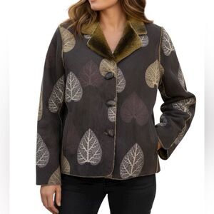 Robert Kitchen Canada Reversible Jacket Faux Fur Faux Suede Leaf Print W’s L